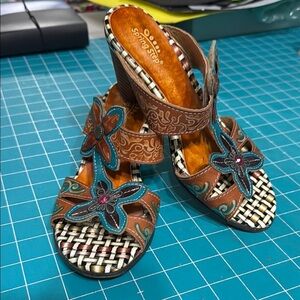 Spring Step Durrow Leather Flower Slide Sandal Stacked Heel Size 37 US 6.5 / 7